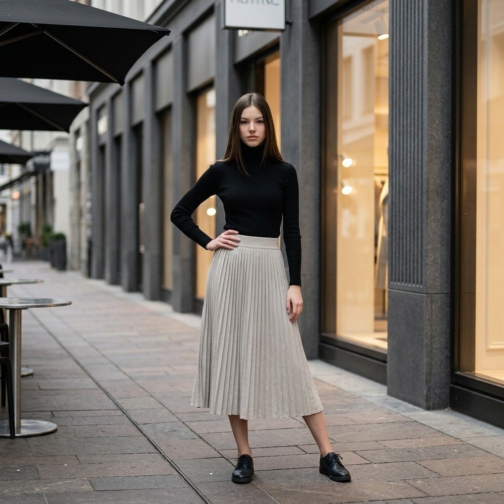Mix Nouveau Women's Size M Pull On Pleated Midi Skirt Greige European Chic Basic